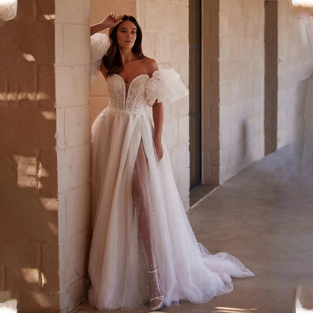 

Detachabl Puff Sleeves V-neck Lace Applique Boho Beach A L