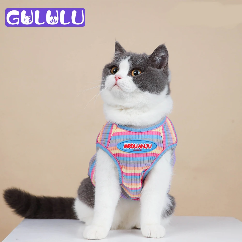 

GULULU Rainbow Cat Clothes Stripe Cotton Kitten Vest Fashion Breathable Clothes for Cat Cute Designer Small Dogs Puppy Costume