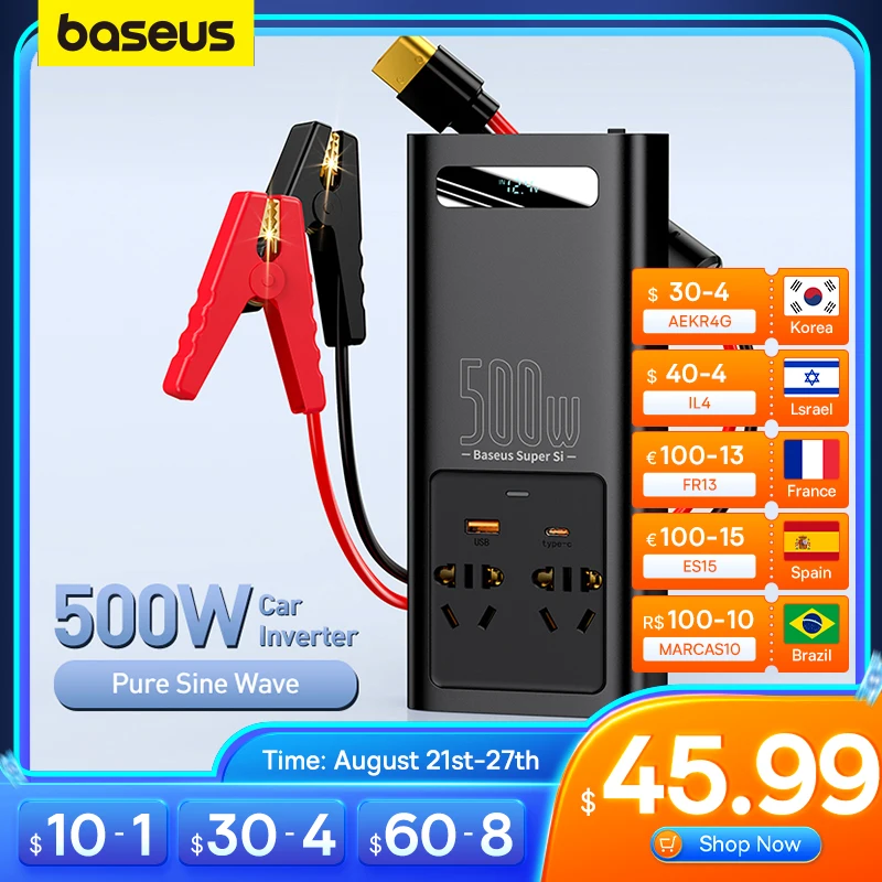 Инвертор синусоидальной волны Baseus, 500 Вт, от 12 В до 220 В, 110 В, преобразователь тока, европейская розетка для дома на колесах, ЕС, США, 300 Вт, Автомобильные инверторы
