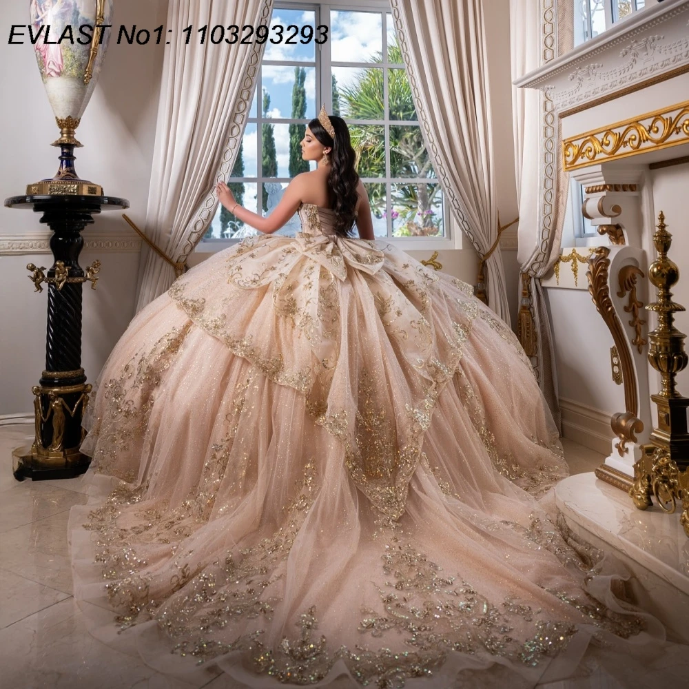 Фото EVLAST блестящее розовое платье Quinceanera по индивидуальному заказу, бальное платье с золотыми блестками, аппликация, бант из бисера, милое платье 16, Vestidos De 15 Anos E1QN685 №4