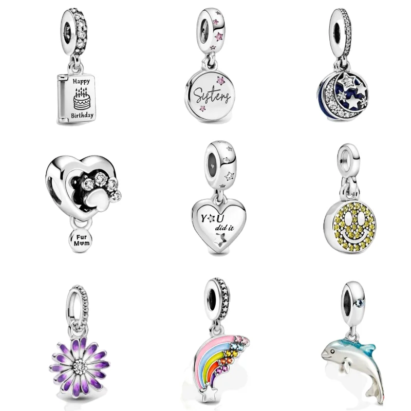 

MC Love Stars Rainbow Daisies Dolphins Pendant Birthday Card Dangle Beads fit Pandora Charm Retro Silver Color Original Bracelet