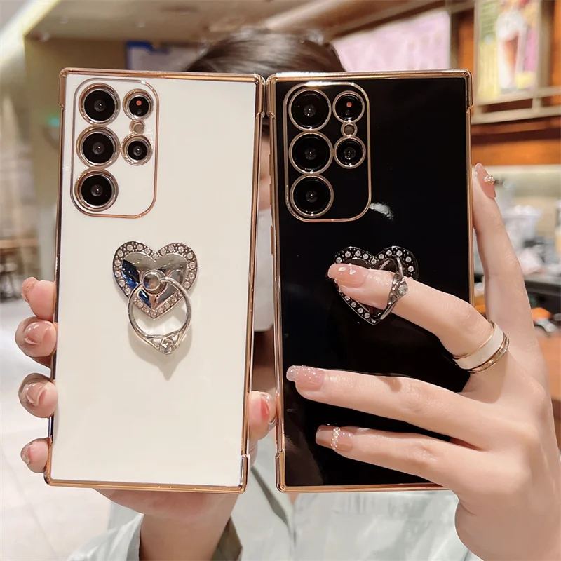 

Plating Love Heart Ring Holder Phone Case For Samsung Galaxy S21 S22 Plus Ultra S20 FE A53 A52 A52S A13 A12 Soft TPU Back Cover