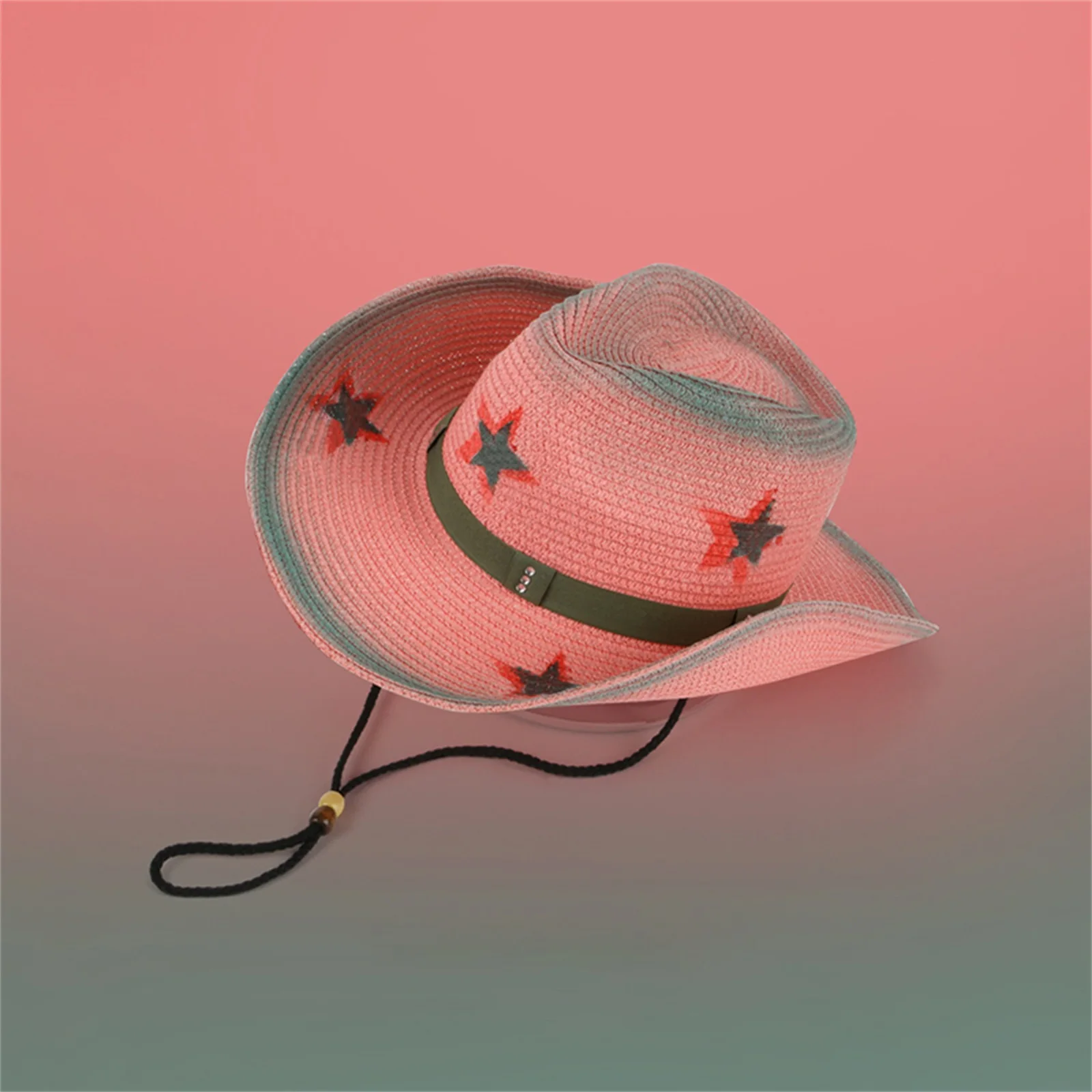 

Adults Watermelon Red Western Cowboy Hat Women'S Star Engraving Pattern Decorative Wide Brim Adjustable Tied Hat Bucket Hat