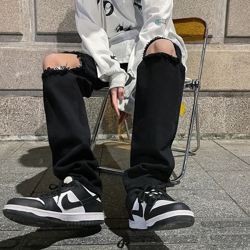 Ripped Black Skinny Jeans Men Slim Fashion Casual Straight Jeans Men Streetwear Summer Loose Hip Hop Hole Denim Pants Men S-2XL