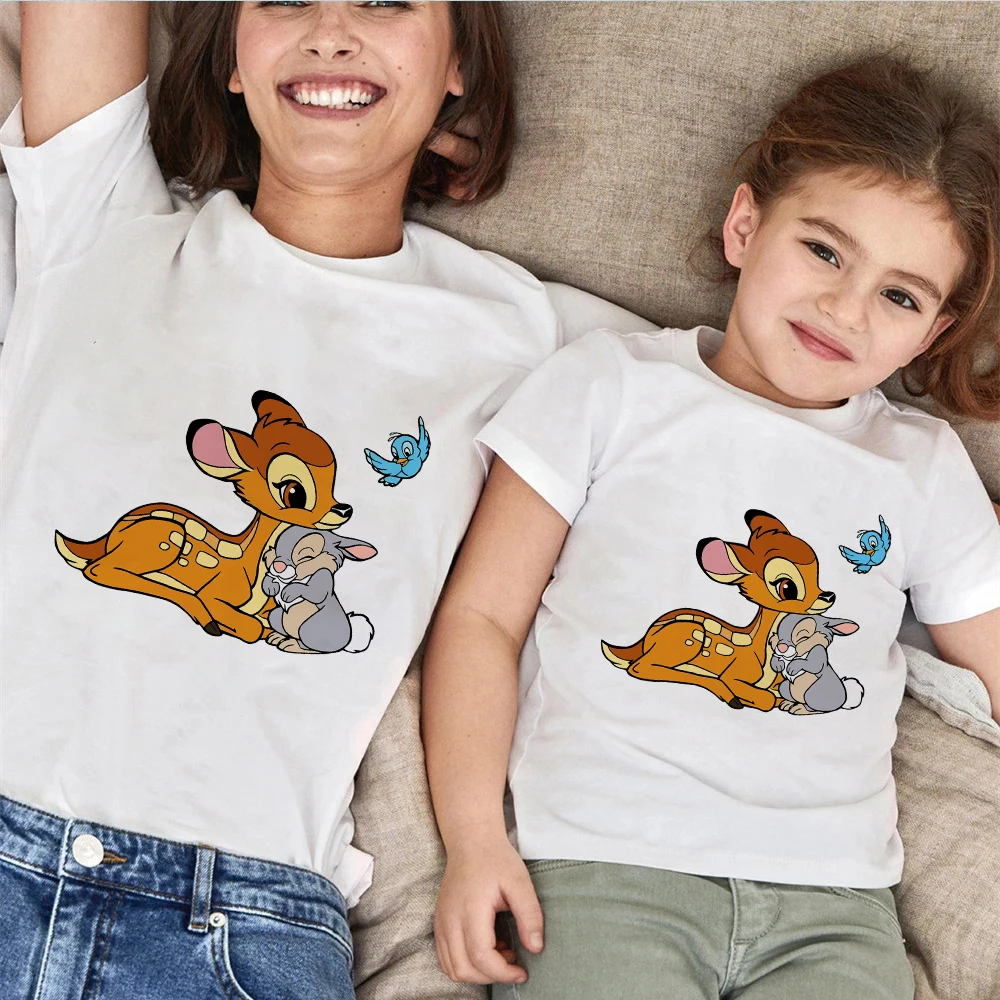 Kids T-shirts Disney Bambi Print Short Sleeve Couples Universal Top Costumes For Parents 2022 Summer Infant Family Look TShirt
