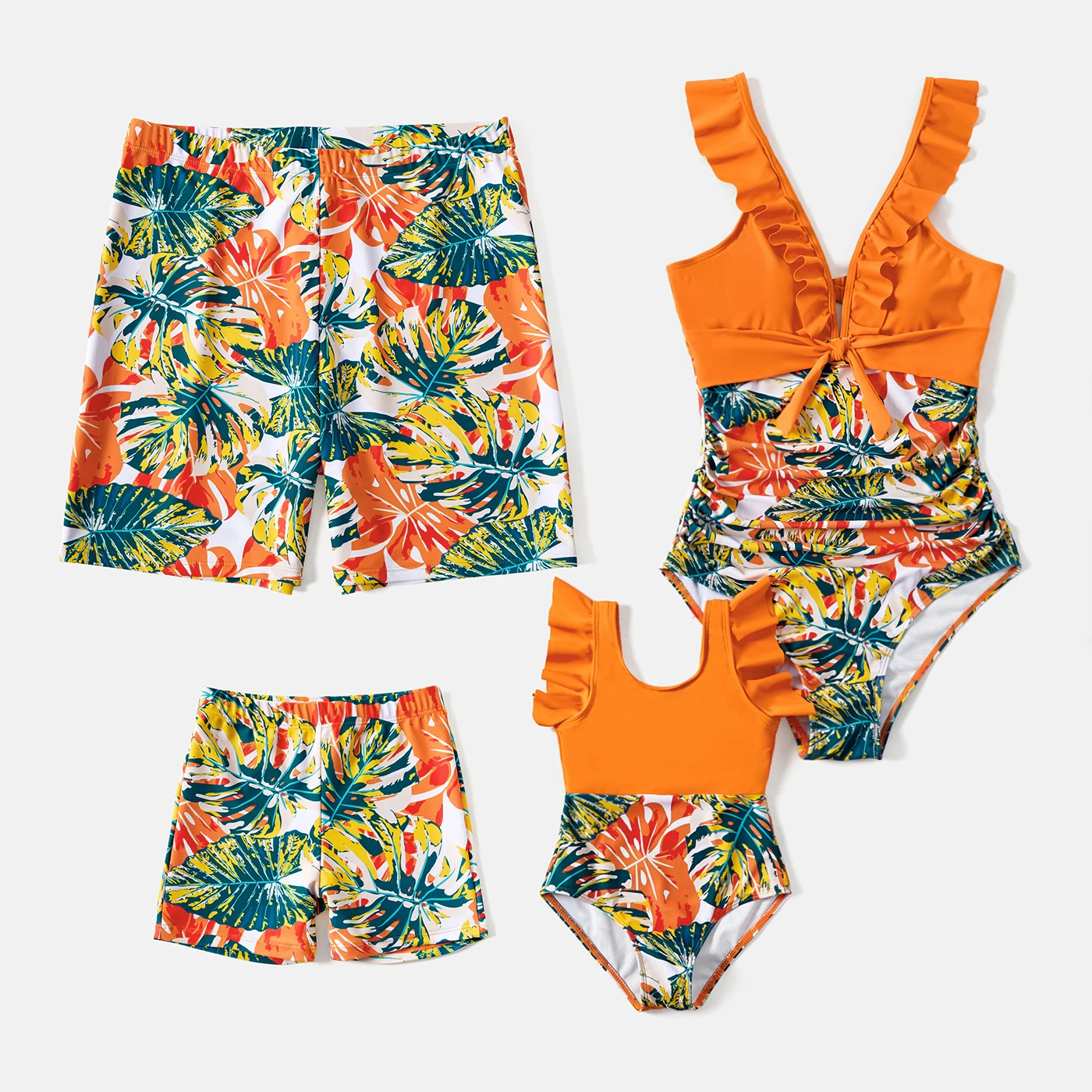 

PatPat Family Matching Allover Plant Print Spliced Solid Ruffle Trim One-Piece Swimsuit and Swim Trunks