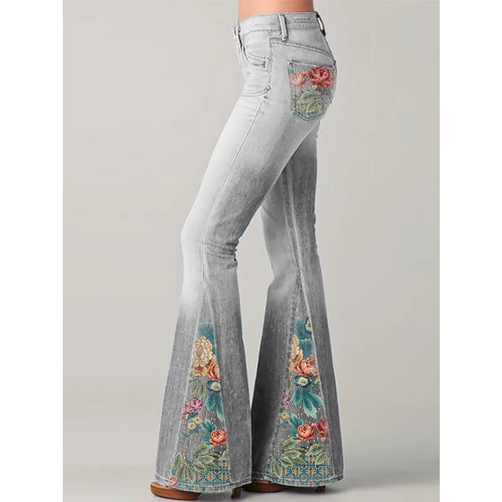 

Gradient flower printed jeans flared pants