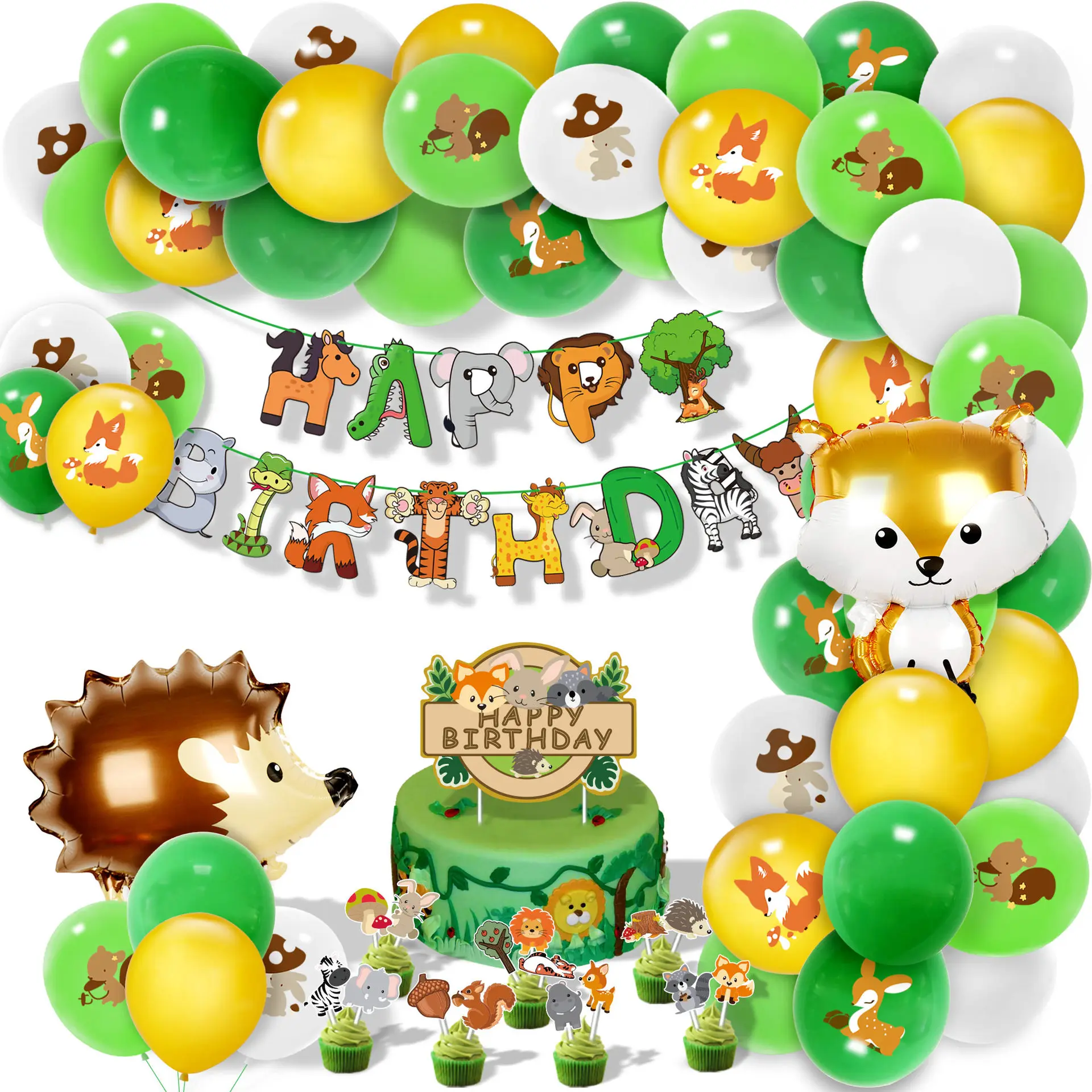 

Woodland Animal Theme Birthday Party Decoration Jungle Safari Happy Birthday Party Decor Kids Banner Cake Topper Balloons Chain