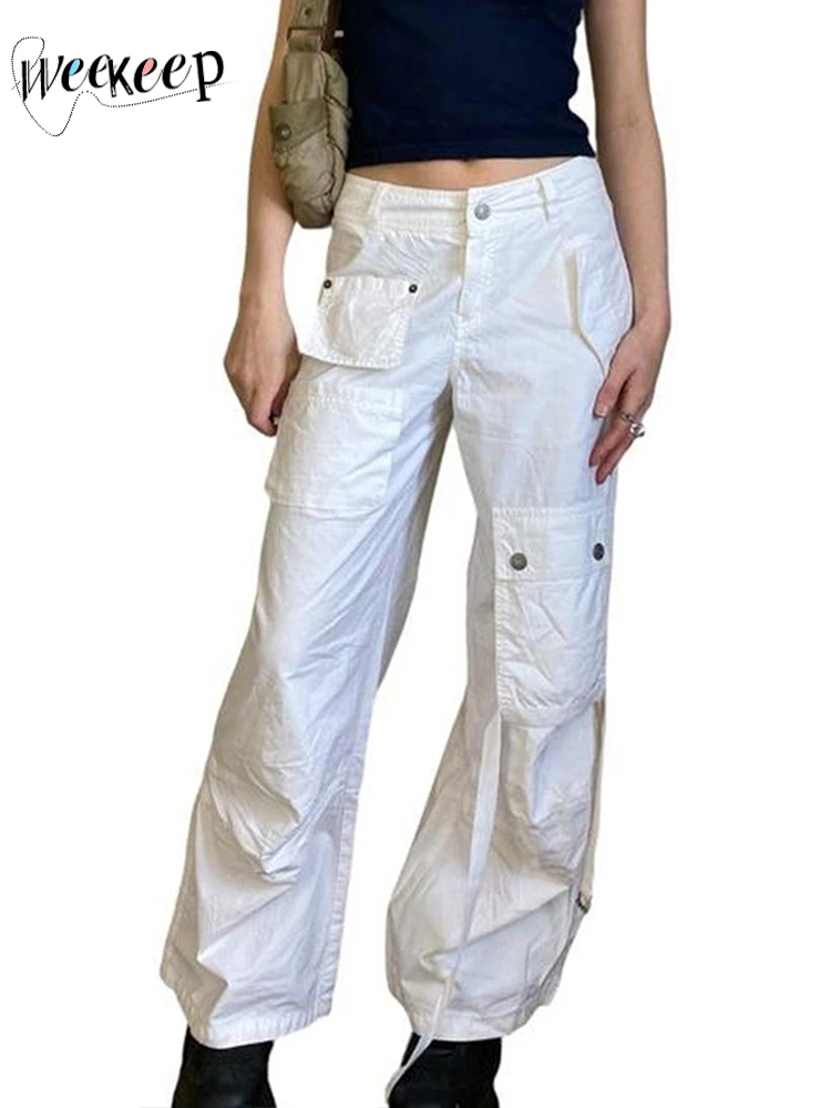 

Weekeep Baggy White Cargo Pants Pocket Patchwork Low Rise Streetwear Straight Sweatpants y2k Aesthetic Lady Capris Jogging Loose