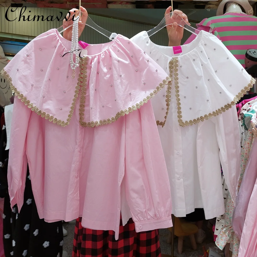 

2022 Spring New Ladies Fashion Exquisite Rhinestone Lace Doll Collar Blouses Women's French Sweet Shirt Puff Sleeve Loose Top