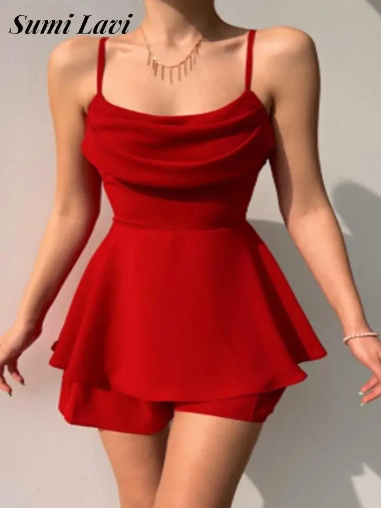 

Женские однотонные облегающие комбинезоны, сексуальные мини-комбинезоны на бретельках с открытыми плечами, многослойные вечерние чные ком...