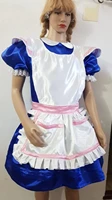 new pvc satin lockable sissy dress blue skirt white independent apron fluffy bubble sleeve maid dress customization