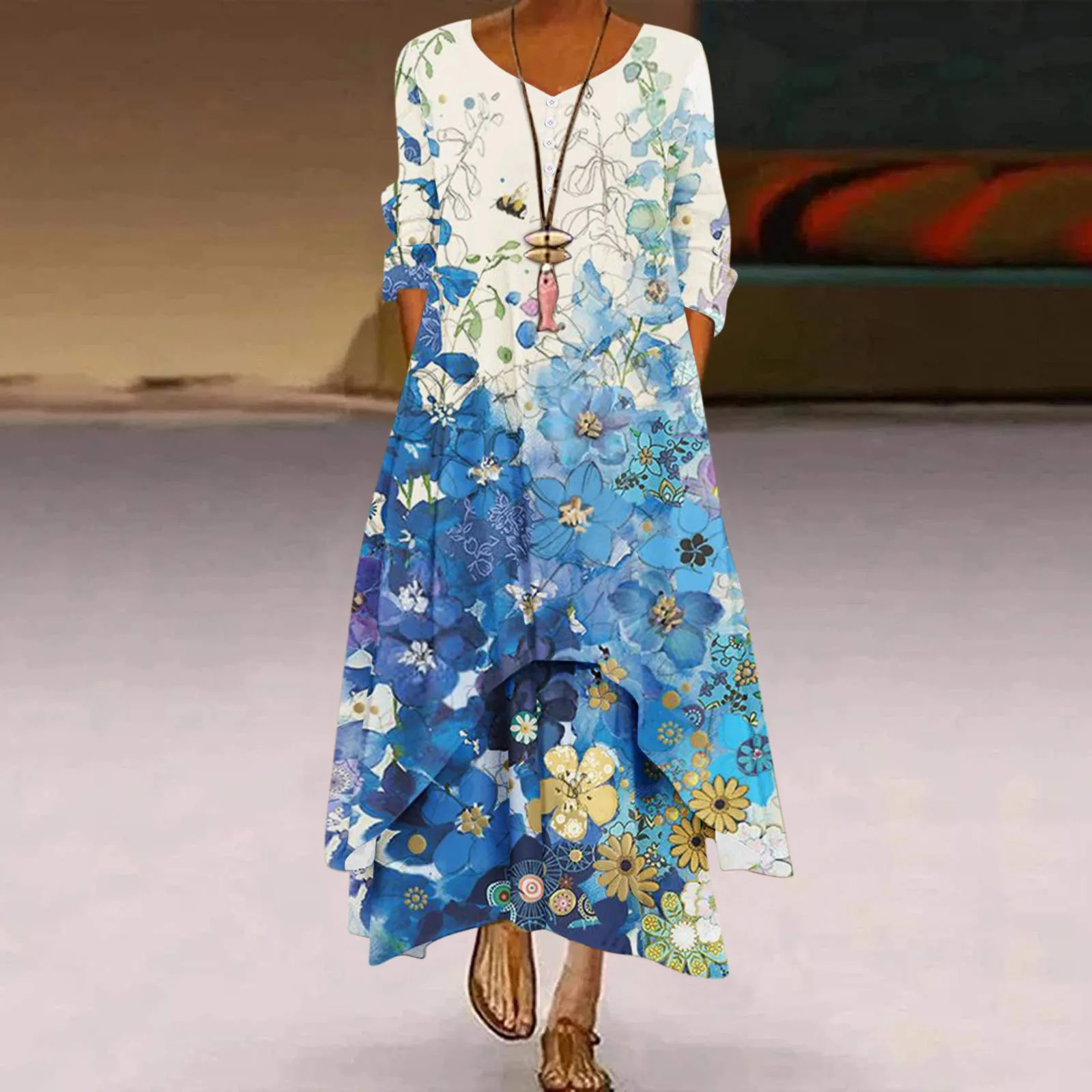 

Женское Свободное длинное платье-макси с цветочным принтом, летнее пляжное платье большого размера в богемном стиле, свитер с запахом для м...