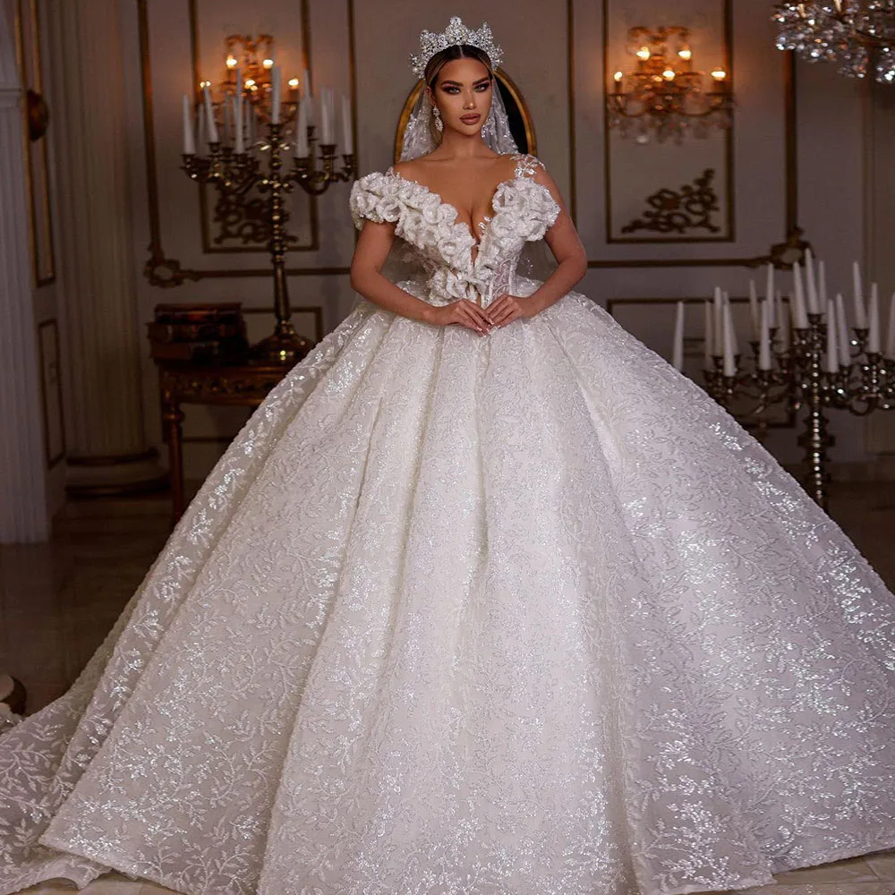 

Robes Mariage Glitter Tulle Ball Gown Wedding Dress See Through Back Gorgeous Vestido De Novia Sequined Beading Classic Gelinlik