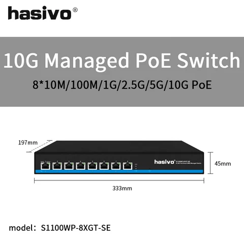 Сетевой коммутатор Hasivo, 10 гигабитных PoE или без Ethernet-коммутатора PoE, 8*10 Гбит/с, порт RJ45, 10 Гбит/с, 10 Гбит/с, 10000 Мбит/с