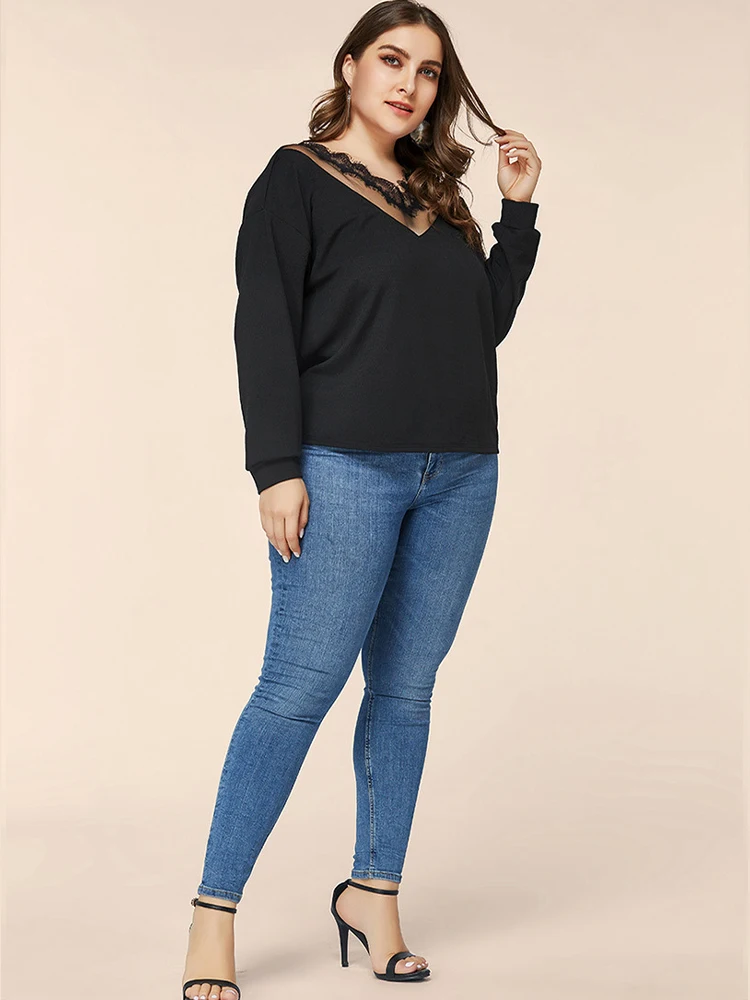 2022 Plus Size Solid Color V Neck Sexy Women Summer long sleeve for T Shirt Female Street Fashion Casual Lace Tshirt