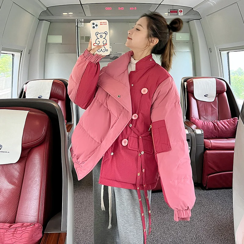 

2022 New Women Winter Patchwork Color Cotton Padded Jacket Streetwear Irregular Tops Warm Coat Down Wadded Jacket Lady Outerwear