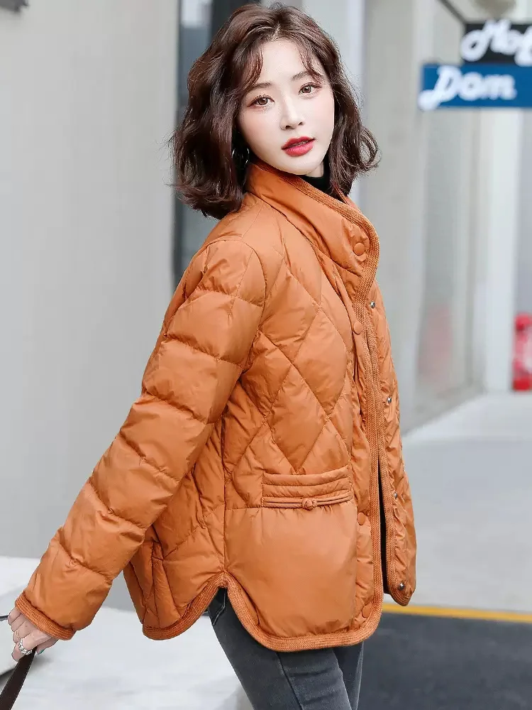 New Women Down Jacket Winter Casual Fashion Stand Collar Long Sleeve Loose Short White Duck Down Coat Warm Mother Outerwear