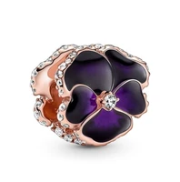 authentic 925 sterling silver moments rose gold purple pansy flower with crystal charm fit pandora bracelet necklace jewelry