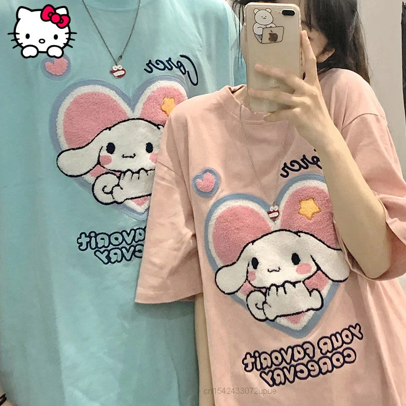 Printed Heart Sanrio Cinnamoroll Crop Top Japanese Koren Style Short Sleeve T-shirts Harajuku Aesthetic Women Men Clothes Couple