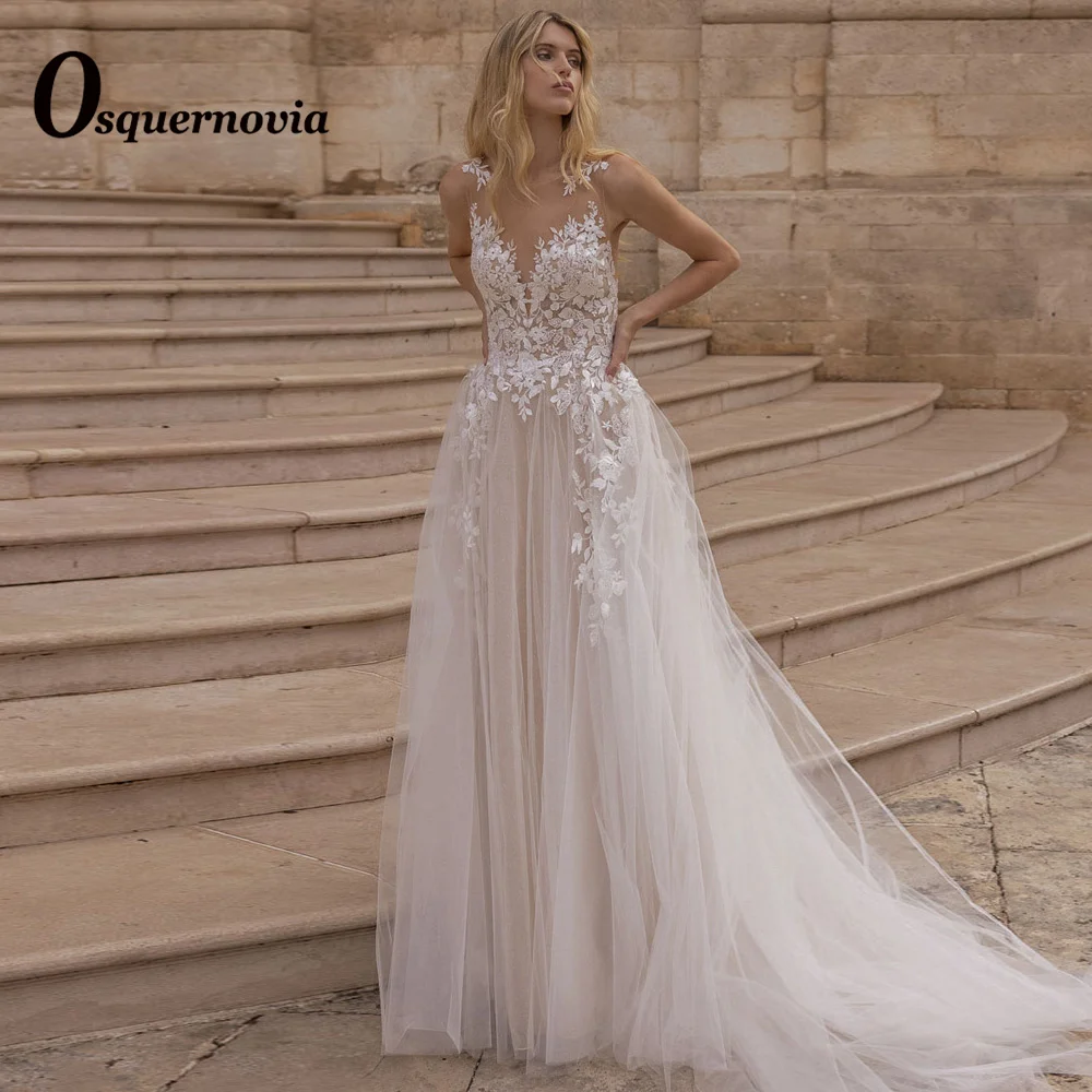 

Osquernovia Classic A-line Wedding Dress Sleeveless O-neck Lace Appliques Backless Sweep Train 2023 Abito Da Sposa Customized