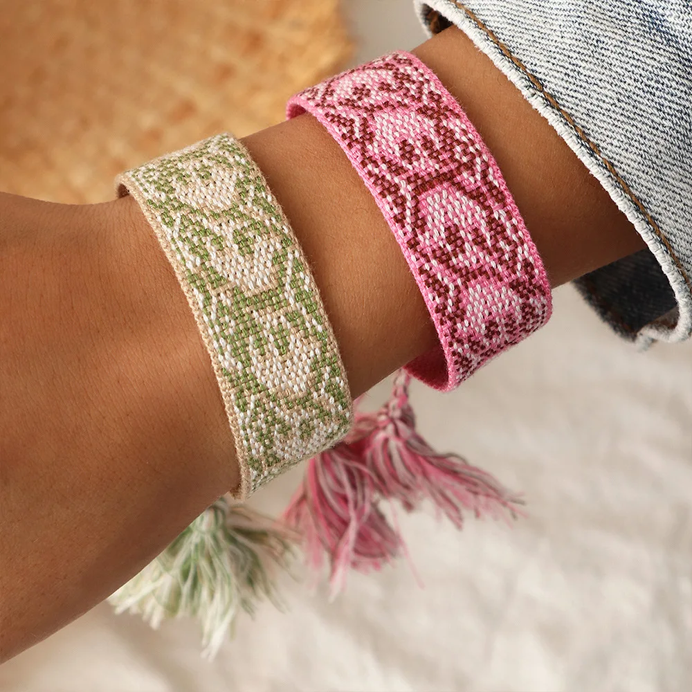 

Винтажный богемный широкий Плетеный браслет с вышивкой и кисточками регулируемый браслет для женщин этнический подарок для девушек брасле...
