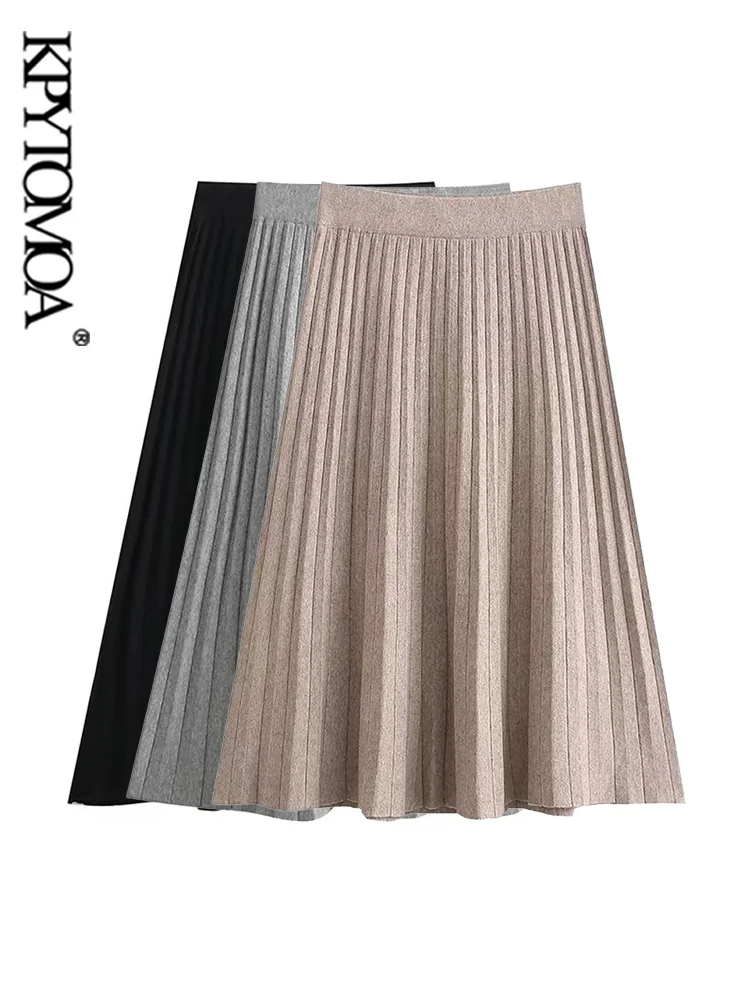 

KPYTOMOA Women Fashion Office Wear Pleated Knit Midi Skirt Vintage High Waist With Elastic Waistband Female Skirts Mujer