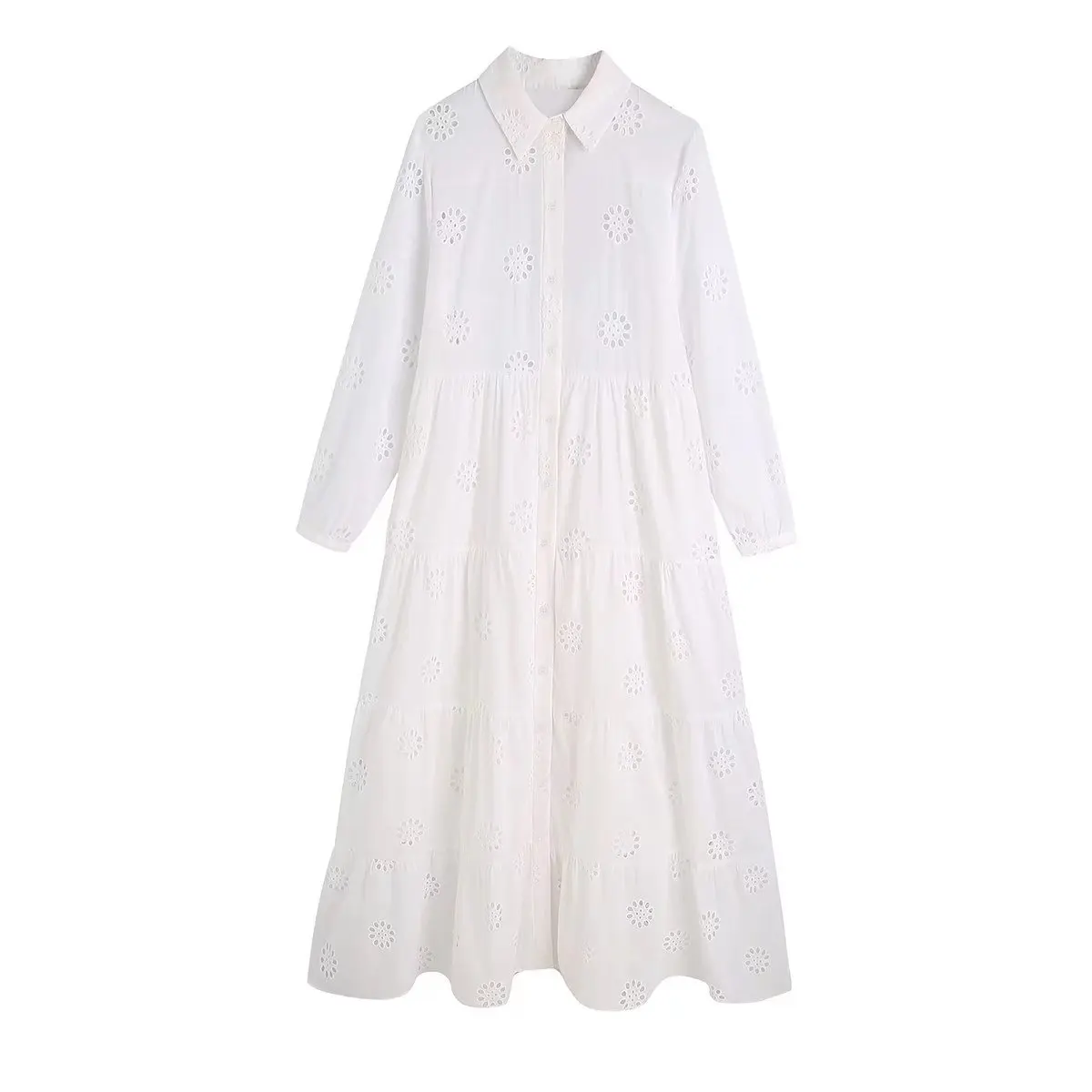 

SuperAen 2022 Spring/Autumn New Sweet Embroidery Hollow Out Turn-down Collar A-LINE Casual Solid Dresses Women