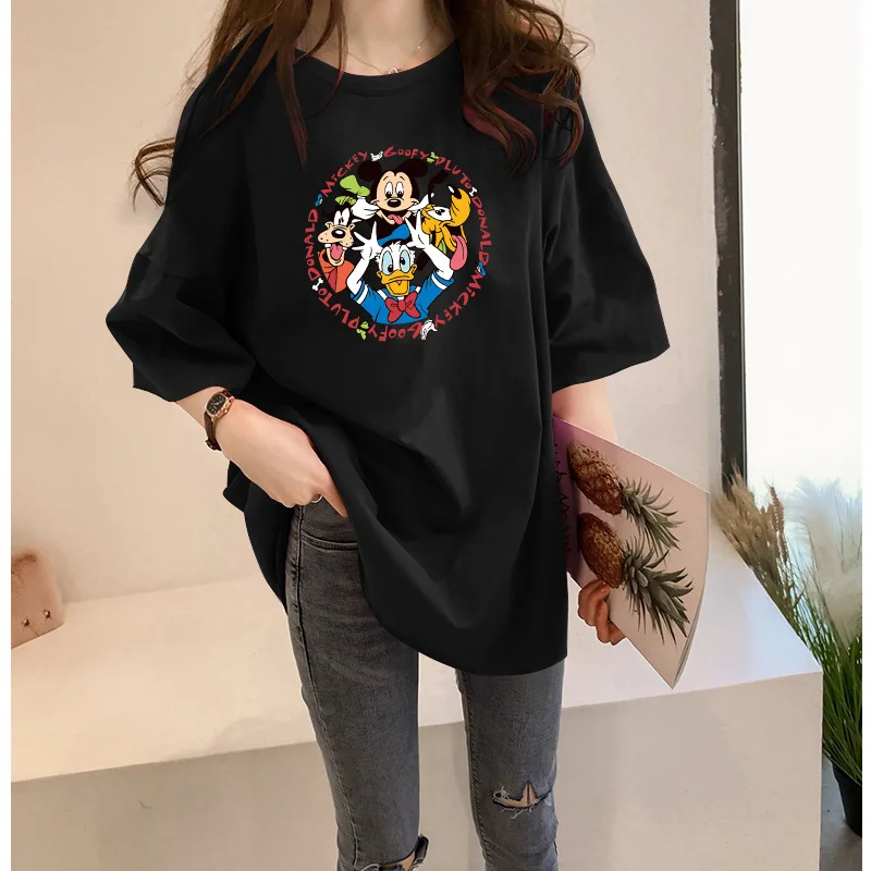 

Mickey Donald Duck T-shirt Summer Fashion Short-sleeved Top Women's Korean Version Loose mid-length T-shirt Bottoming Shirt