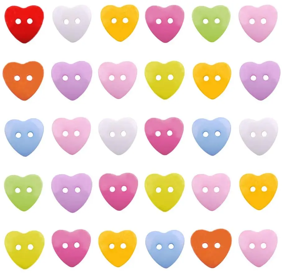 

400 шт. акриловые пуговицы в форме сердца, пластиковые пуговицы для шитья костюма, 2 отверстия, крашеные, смешанных цветов, 14x14x3 мм, отверстие: 1 ...