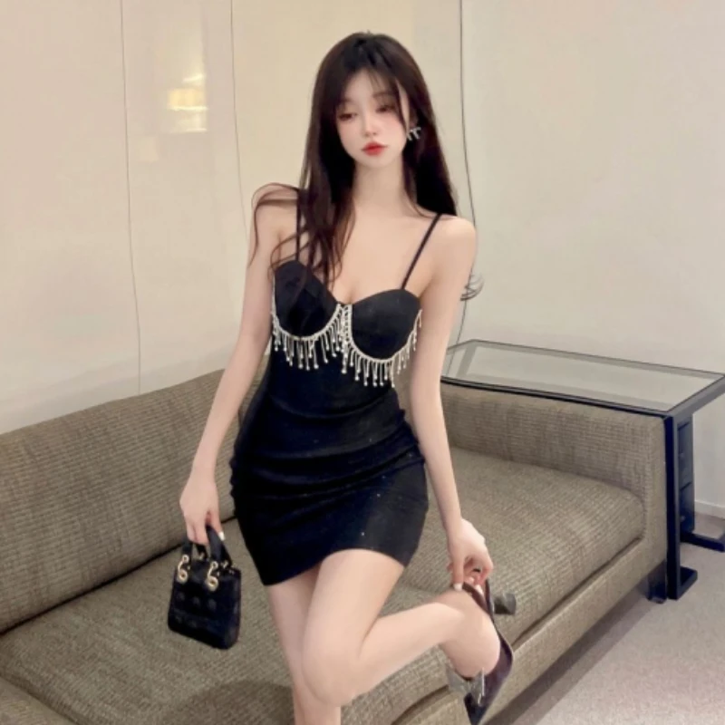 Open Back Sexy Tassel With Diamond Sling Hollow Out Slit Bandage Dress