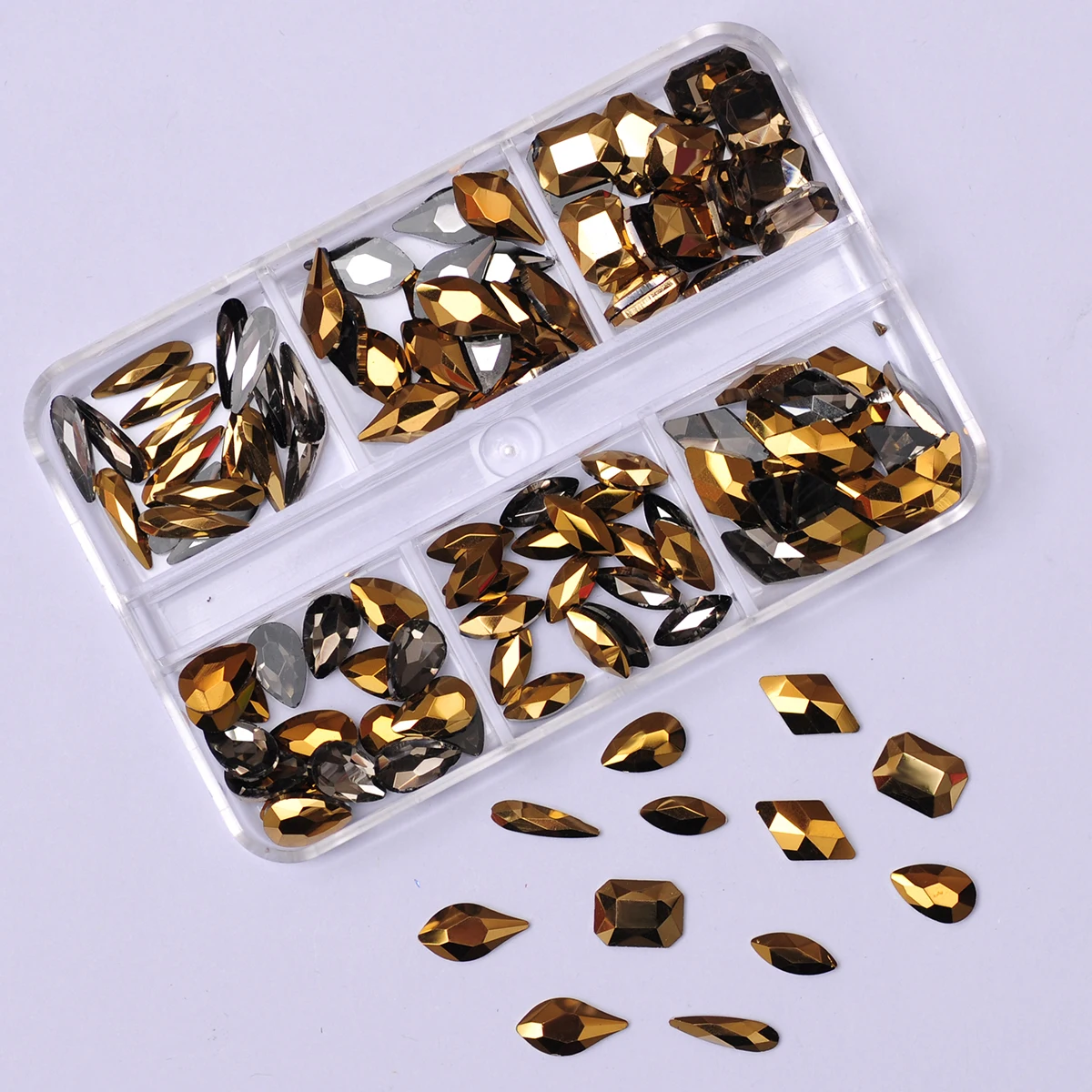 

6 Grids Mixed Size Aurum Nails Art Rhinestones Shiny Glitter Nail Parts Diamonds Nail Supplies for Professional Accessories