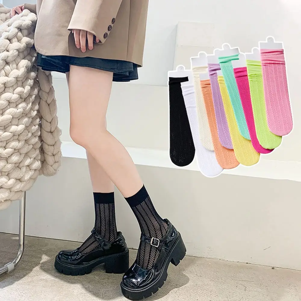 

Fashion Candy Color Mesh Socks Women Girl Solid Hollow Socks Soft Cute Middle Tube Socks Thin Breathable Socks Female Hosiery