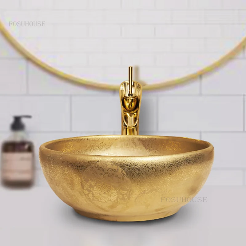 

luxury Gold Bathroom Sinks Modern Sink Creative Bathroom fixtures Round Washing Basin Toilet Ceramic Luxury Countertop Basin Z