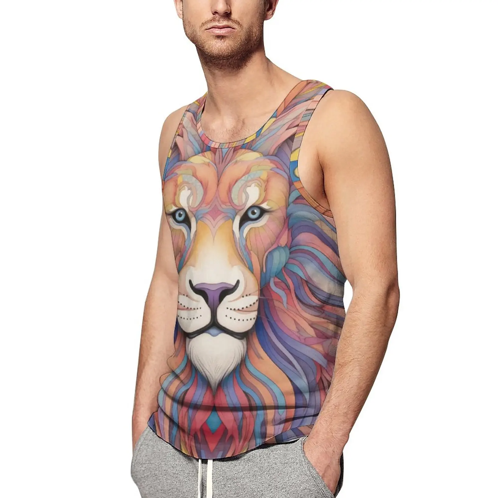 

Майка-карандаш мужская с рисунком льва, крутая пляжная рубашка без рукавов с графическим принтом для бодибилдинга, цветной мультяшный рисунок, 3XL, 4XL, 5XL
