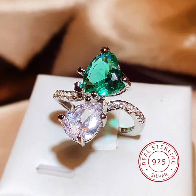 

High Quality Shiny Zircon 925 sterling silver Women's Ring Fashion Green Love Zircon Jewelry 925 Silver Jewelry Engagement Ring