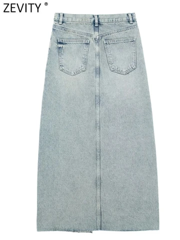 Zevity New Women Fashion Water Wash Old Style Front Split Midi Denim Skirt Faldas Mujer Female Chic Zipper Slim Vestidos QUN3727