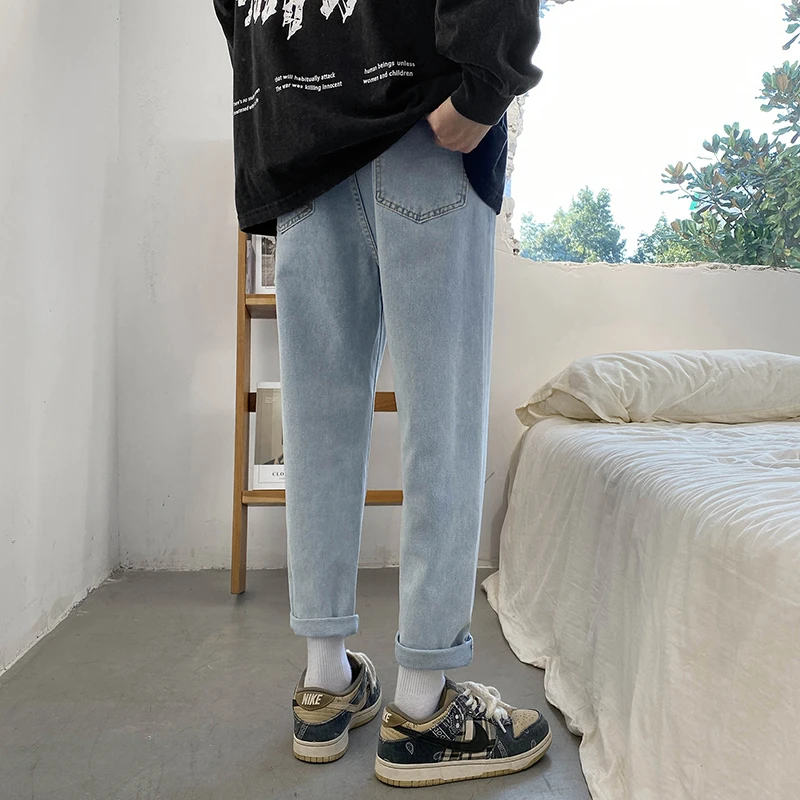 Tapered Jeans Men Women Smile Print Fashion Korean Style Micro-cone Slim Fit Pants Pencil Denim Trouser Size 28-34