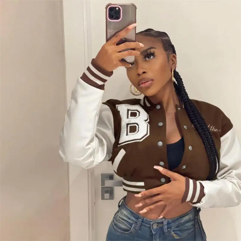 

Женская куртка-бомбер из искусственной кожи, с длинным рукавом