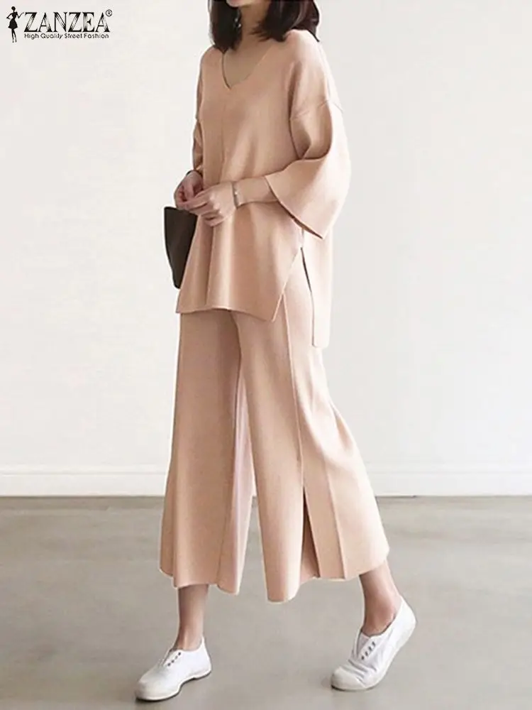 ZANZEA Женская повседневная блузка с v-образным вырезом и широкие брюки свободный