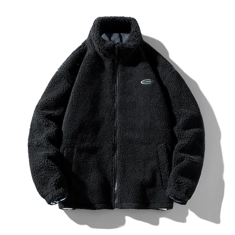 

Hip Hop Winter Fleece Fluffy Jacket Streetwear Harajuku Fuzzy Zipper Coat Men Autumn Solid Color Lightweight Jackets Black Beige