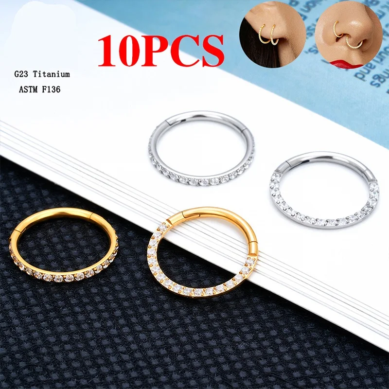 

10 шт. G23 титановые ASTM F136 круглые серьги-кольца с фианитом 16 г кольца для носа перегородки женские серьги-кольца для пирсинга ушей ювелирные и...