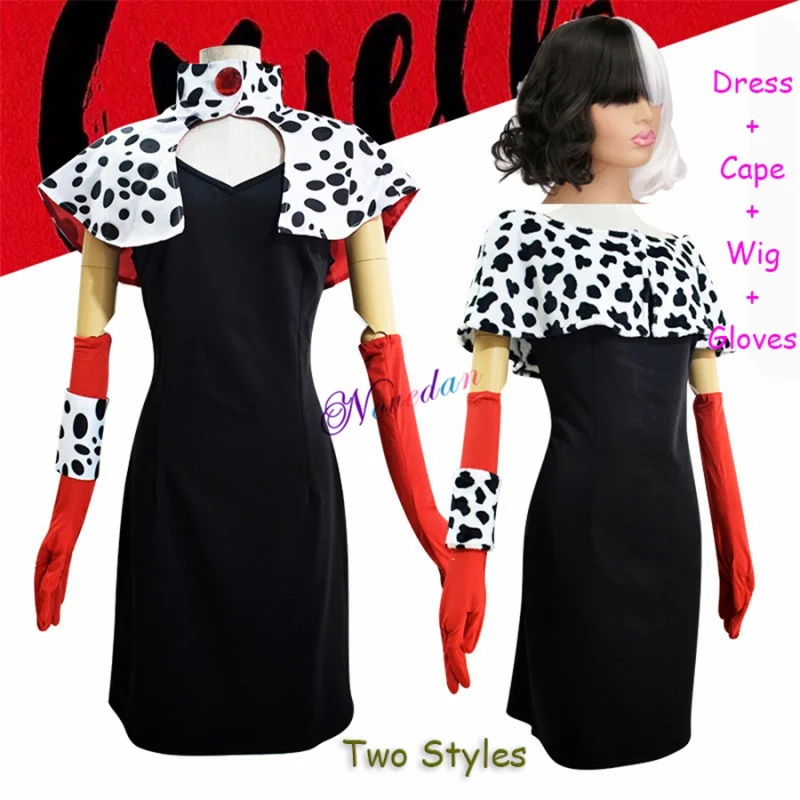 

Новинка 2021, костюм из фильма Cruella De Vil, женский костюм Суперзлодея Cruella для косплея, костюм на Хэллоуин, вечернее сексуальное платье с париком