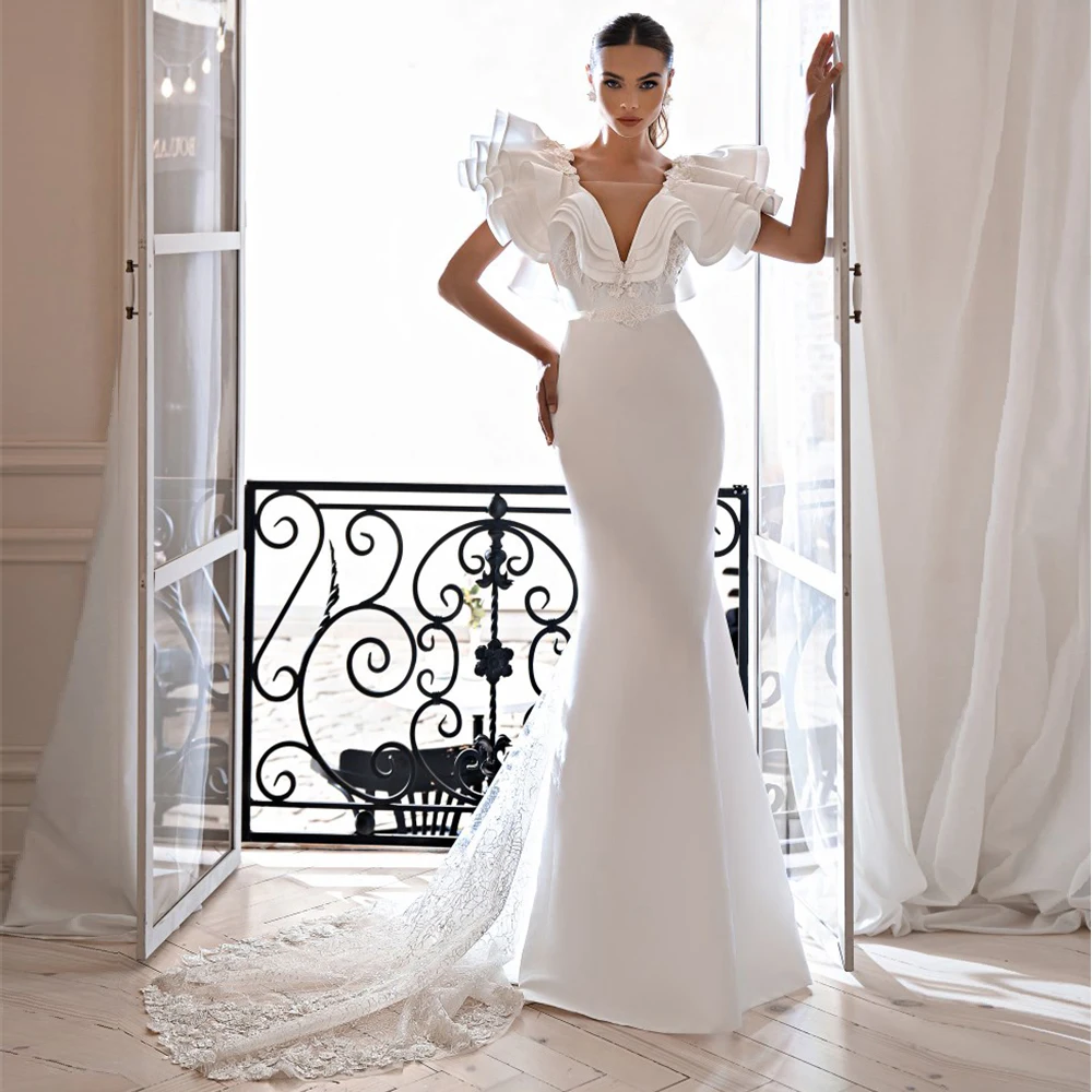 

Свадебное платье RANMO с V-образным вырезом и съемными оборками рукавами Русалка часовник Шлейф Свадебное платье на молнии