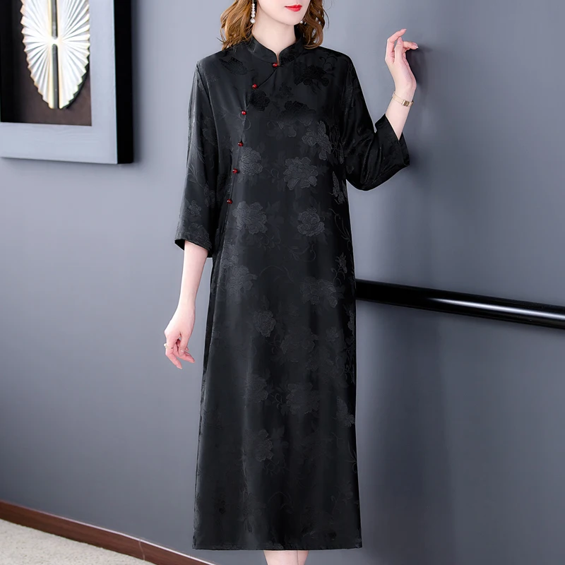 

Women Black Jacquard Natural Silk Midi Dress Spring Summer Elegant Bodycon Causal Dress 2022 Korean Vintage Hepubrn Party Dress