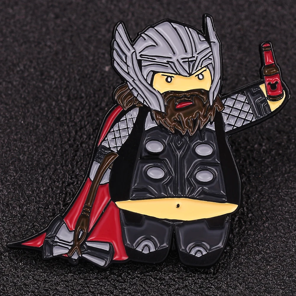 

Kawaii Beer Belly Thor Odinson Metal Enamel Brooch Marvel The Avengers Iron Man Lapel Pin for Men Backpack Ornament Toy Gifts