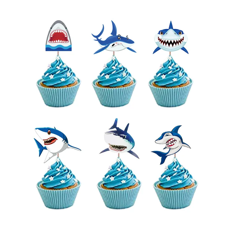 

6pcs Cartoon Shark Cupcake Toppers Under The Sea Shark Babyshower Cake Decor Ocean One 1st Happy Birthday Party Decor Kids Boy