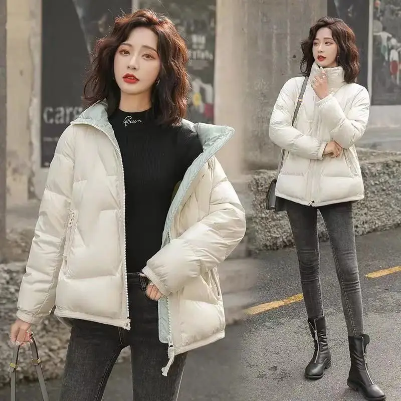 Korean Loose Stand-up Collar Coat Shiny Cotton Down Pockets To Keep Warm Women's Short Style Plus Velvet Thick Women's Trend