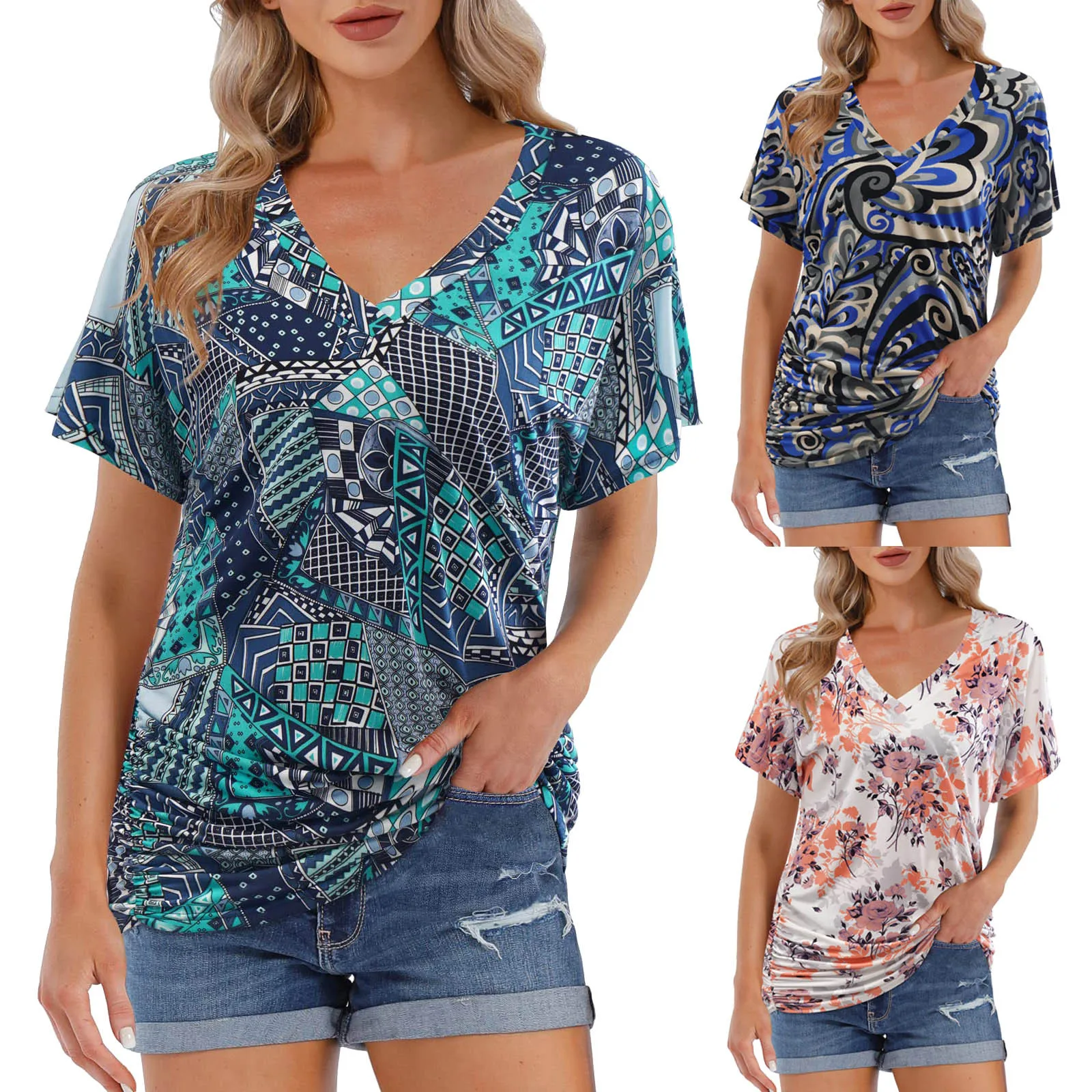 

Женская Повседневная Туника с V-образным вырезом и коротким рукавом