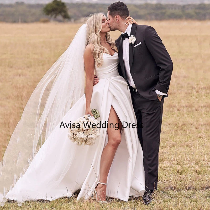 

Satin Wedding Dresses Strapless A-Line Bridal Gowns Princess Custom Made High Split Wedding Gown vestido de noiva 2023